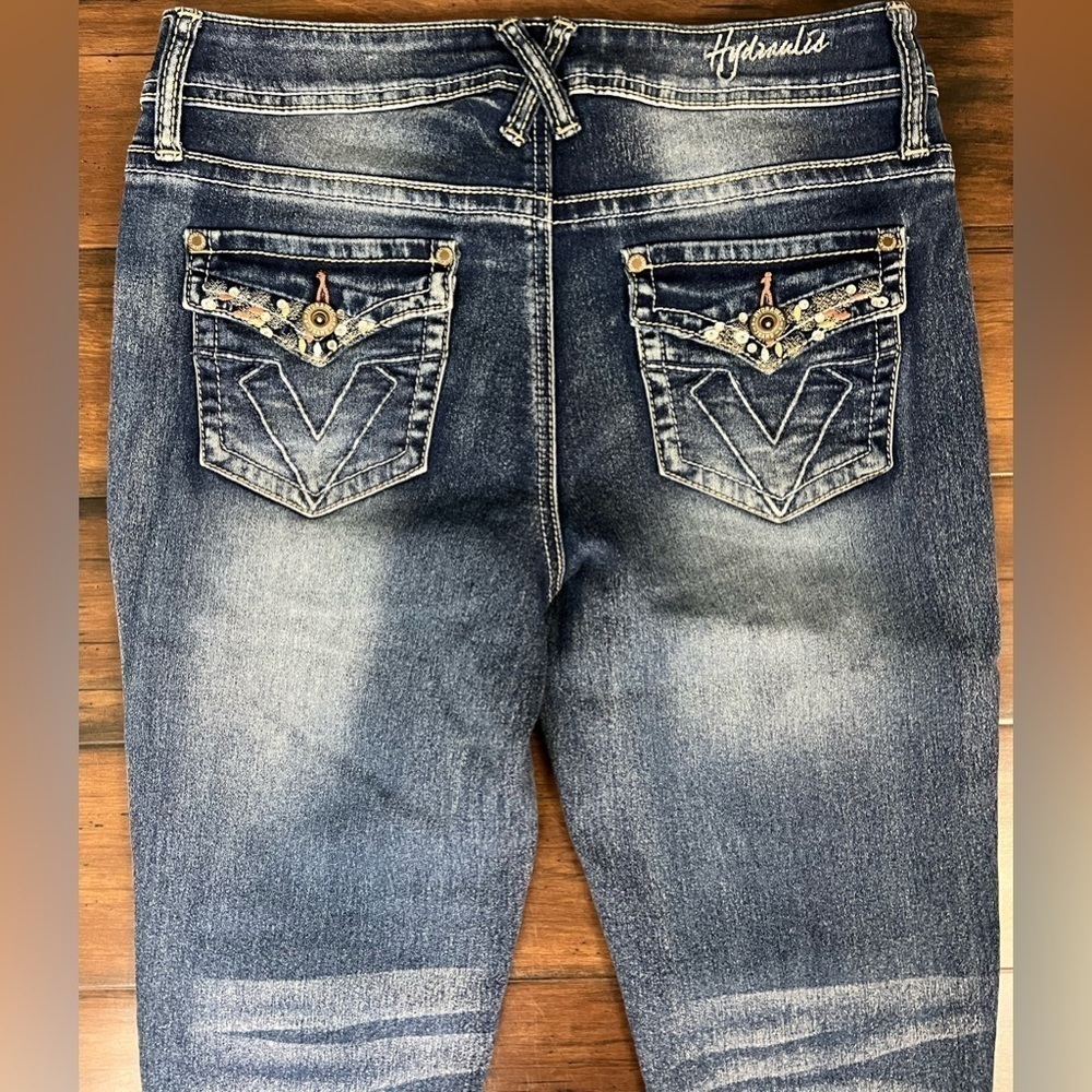Hydraulic Floral Cuff Cropped Jeans Embroidered Pocket Stretch Denim - Size 6 - Picture 8 of 11